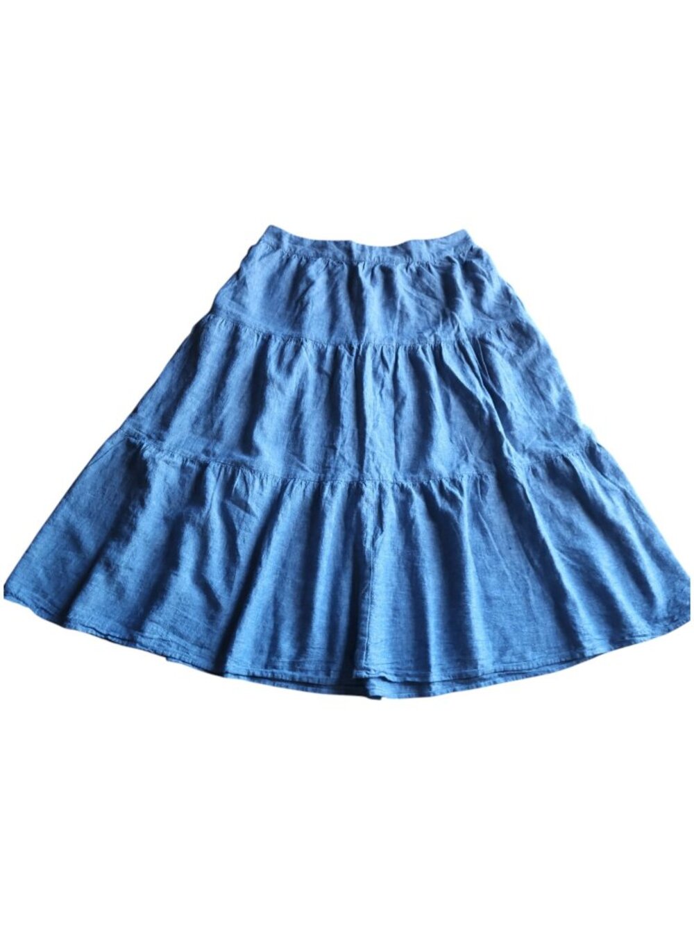 Matty M Tiered Midi Skirt Denim Blue Linen Blend Sz L Boho Feminine Pockets EUC